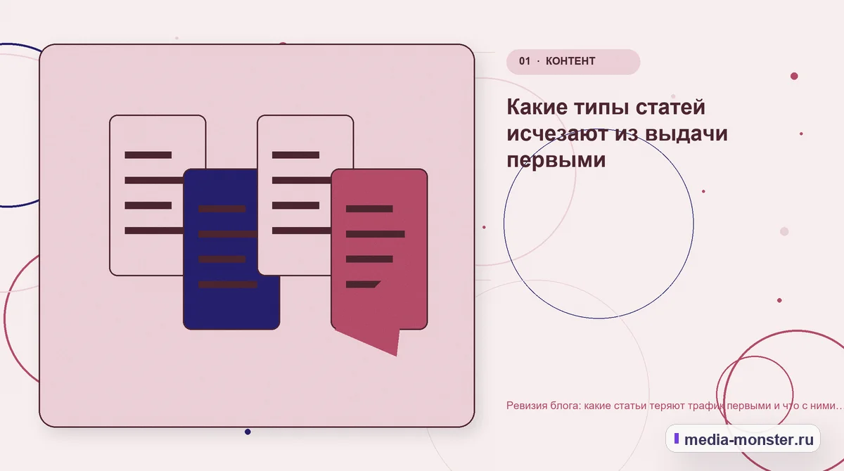 Изображение 1: Ключевая тема материала — Ревизия блога: какие статьи теряют трафик первыми и что с ними делать | Media Monster Ключевая тема материала. Какие типы статей исчезают из выдачи первыми: иллюстрация к статье «Ревизия блога: какие статьи теряют трафик первыми и что с ними делать»