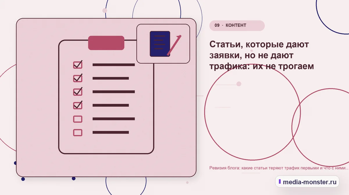 Изображение 9: Контрольные показатели — Ревизия блога: какие статьи теряют трафик первыми и что с ними делать | Media Monster Контрольные показатели. Статьи, которые дают заявки, но не дают трафика: их не трогаем: иллюстрация к статье «Ревизия блога: какие статьи теряют трафик первыми и что с ними делать»