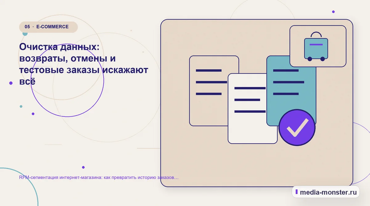 Изображение 5: Данные и доказательства — RFM-сегментация интернет-магазина: как превратить историю заказов в понятные группы покупателей | Media Monster Данные и доказательства. Очистка данных: возвраты, отмены и тестовые заказы искажают всё: иллюстрация к статье «RFM-сегментация интернет-магазина: как превратить историю заказов в понятные…