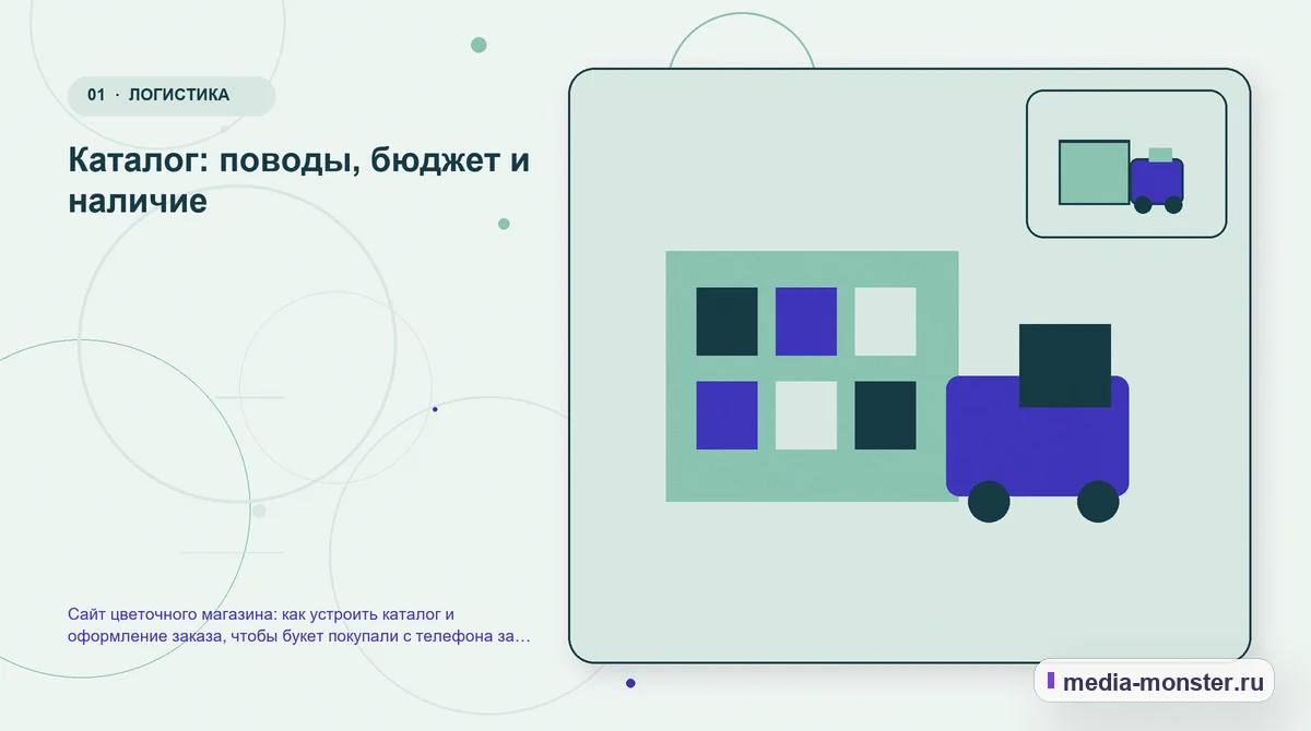 Ключевая тема материала. Каталог: поводы, бюджет и наличие: иллюстрация к статье «Сайт цветочного магазина: как устроить каталог и оформление заказа, чтобы букет покупали с телефона за…