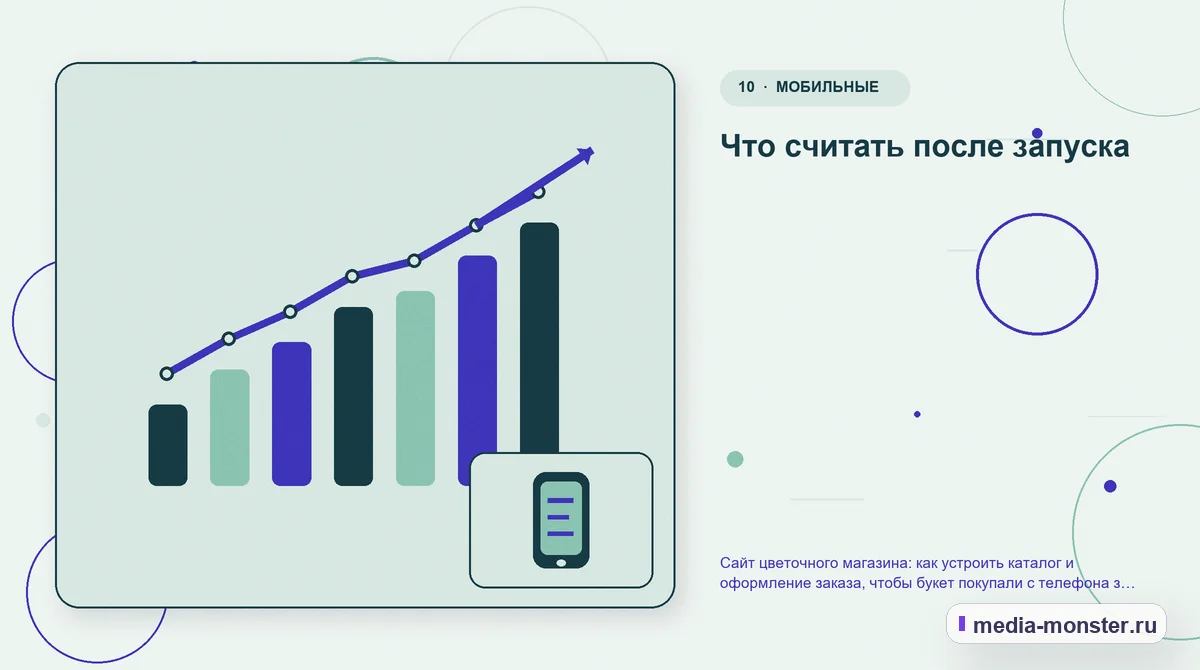 Изображение 10: Итог и следующий шаг — Сайт цветочного магазина: как устроить каталог и оформление заказа, чтобы букет покупали с телефона за пару минут | Media Monster Итог и следующий шаг. Что считать после запуска: иллюстрация к статье «Сайт цветочного магазина: как устроить каталог и оформление заказа, чтобы букет покупали с телефона за пару минут»