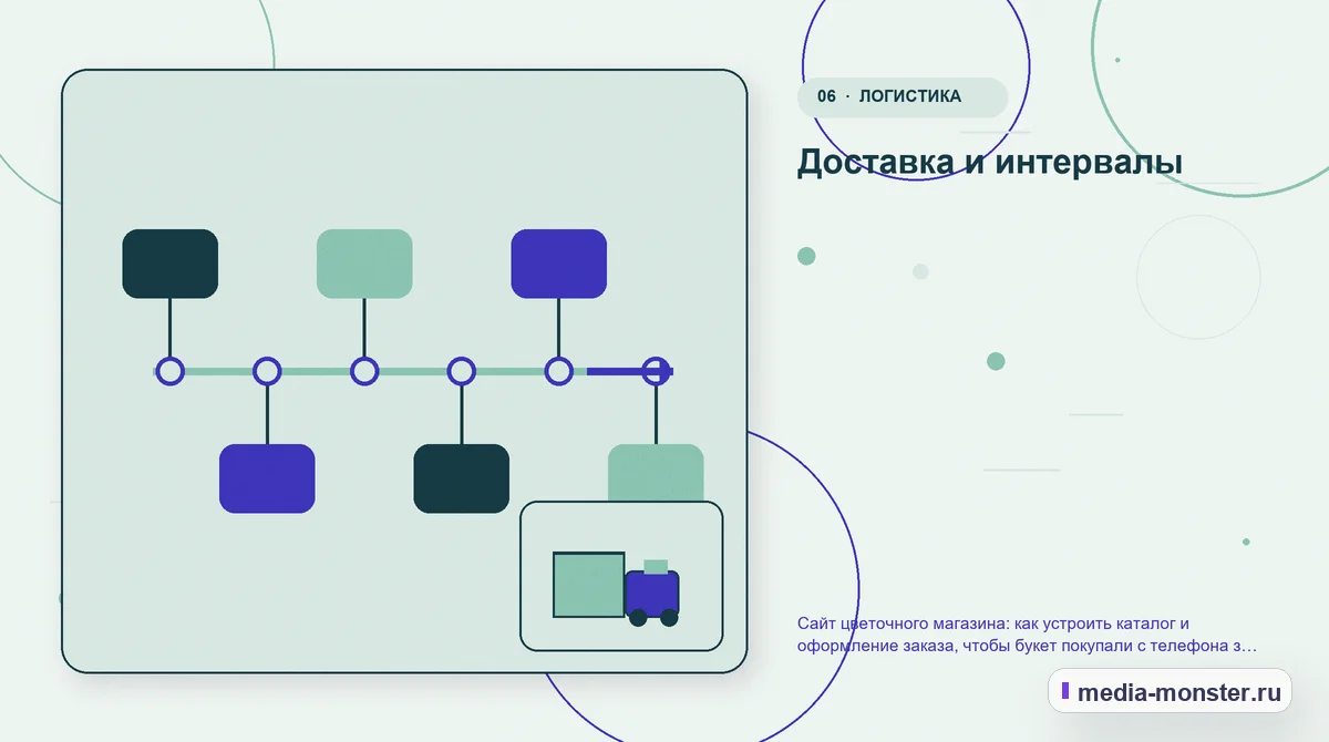 Последовательность работы. Доставка и интервалы: иллюстрация к статье «Сайт цветочного магазина: как устроить каталог и оформление заказа, чтобы букет покупали с телефона за пару минут»