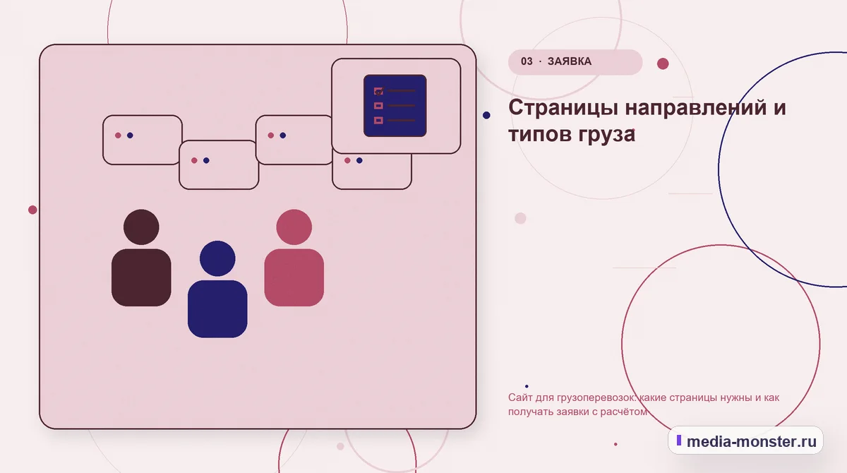 Аудитория и сценарий выбора. Страницы направлений и типов груза: иллюстрация к статье «Сайт для грузоперевозок: какие страницы нужны и как получать заявки с расчётом»