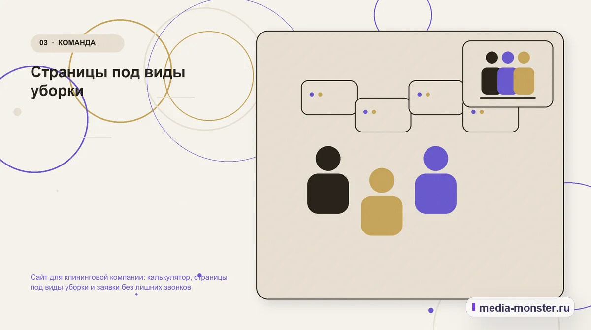 Изображение 3: Аудитория и сценарий выбора — Сайт для клининговой компании: калькулятор, страницы под виды уборки и заявки без лишних звонков | Media Monster Аудитория и сценарий выбора. Страницы под виды уборки: иллюстрация к статье «Сайт для клининговой компании: калькулятор, страницы под виды уборки и заявки без лишних звонков»