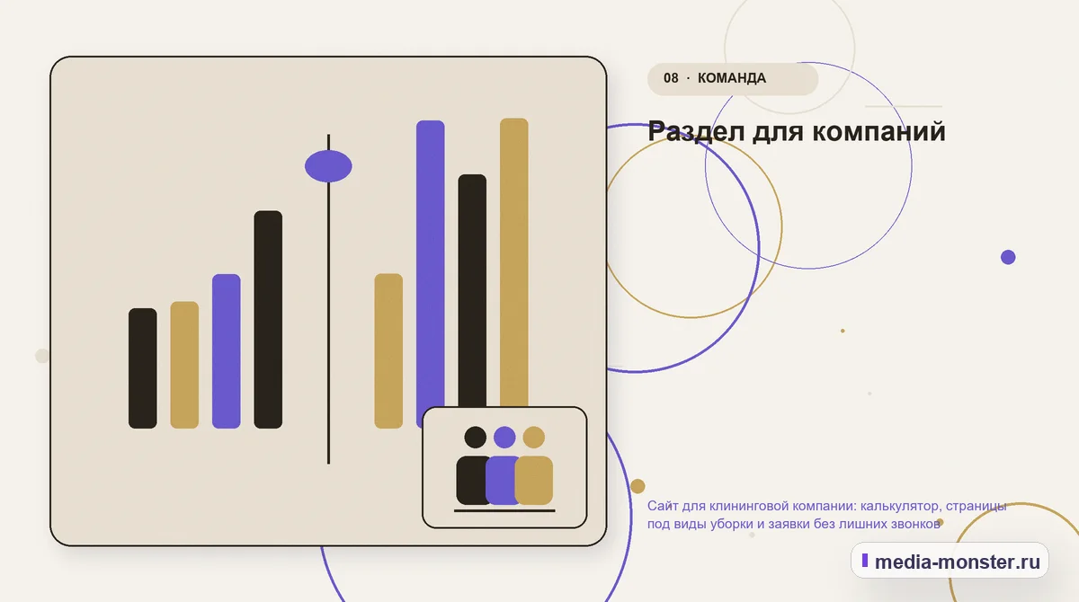 Изображение 8: Сравнение вариантов — Сайт для клининговой компании: калькулятор, страницы под виды уборки и заявки без лишних звонков | Media Monster Сравнение вариантов. Раздел для компаний: иллюстрация к статье «Сайт для клининговой компании: калькулятор, страницы под виды уборки и заявки без лишних звонков»