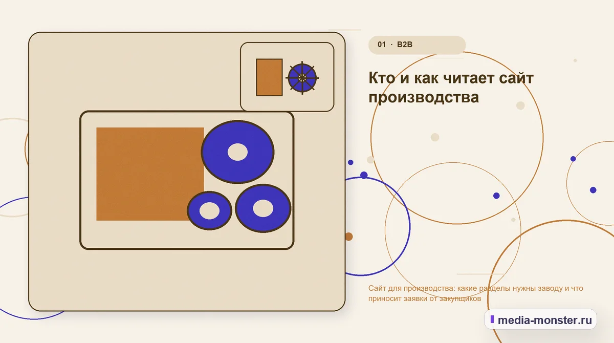 Изображение 1: Ключевая тема материала — Сайт для производства: какие разделы нужны заводу и что приносит заявки от закупщиков | Media Monster Ключевая тема материала. Кто и как читает сайт производства: иллюстрация к статье «Сайт для производства: какие разделы нужны заводу и что приносит заявки от закупщиков»