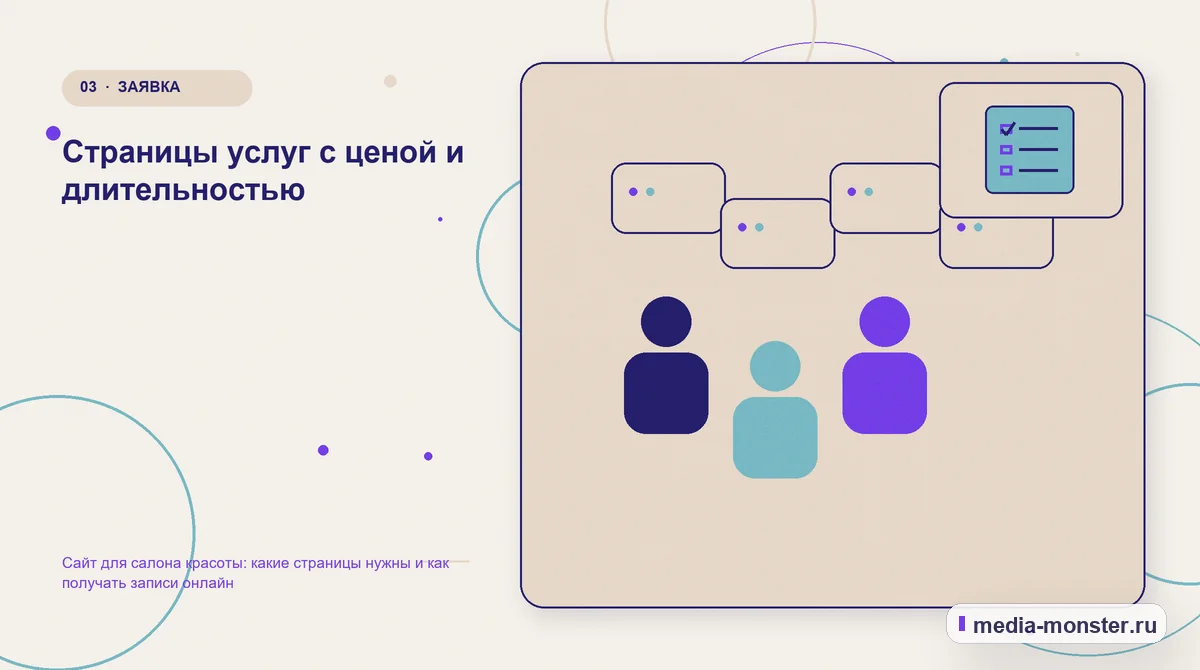 Аудитория и сценарий выбора. Страницы услуг с ценой и длительностью: иллюстрация к статье «Сайт для салона красоты: какие страницы нужны и как получать записи онлайн»