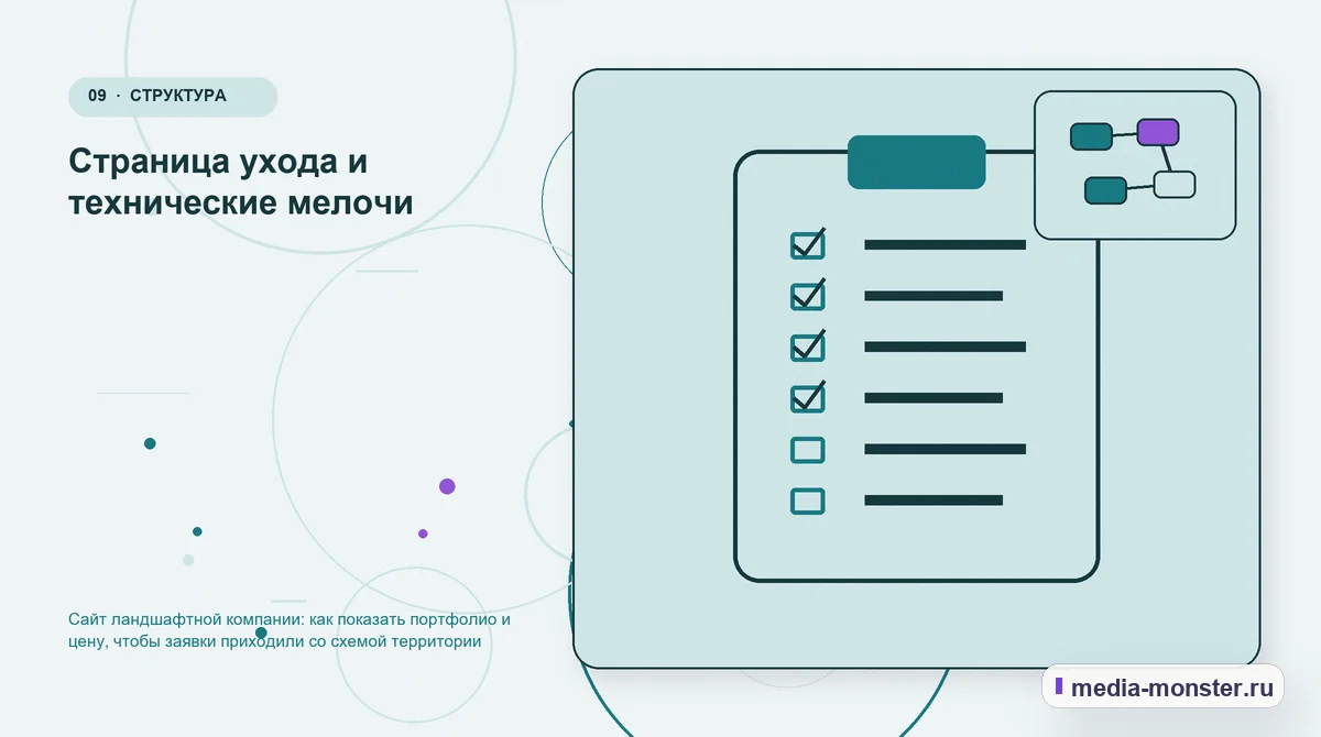Контрольные показатели. Страница ухода и технические мелочи: иллюстрация к статье «Сайт ландшафтной компании: как показать портфолио и цену, чтобы заявки приходили со схемой территории»