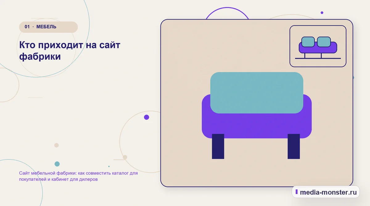 Ключевая тема материала. Кто приходит на сайт фабрики: иллюстрация к статье «Сайт мебельной фабрики: как совместить каталог для покупателей и кабинет для дилеров»