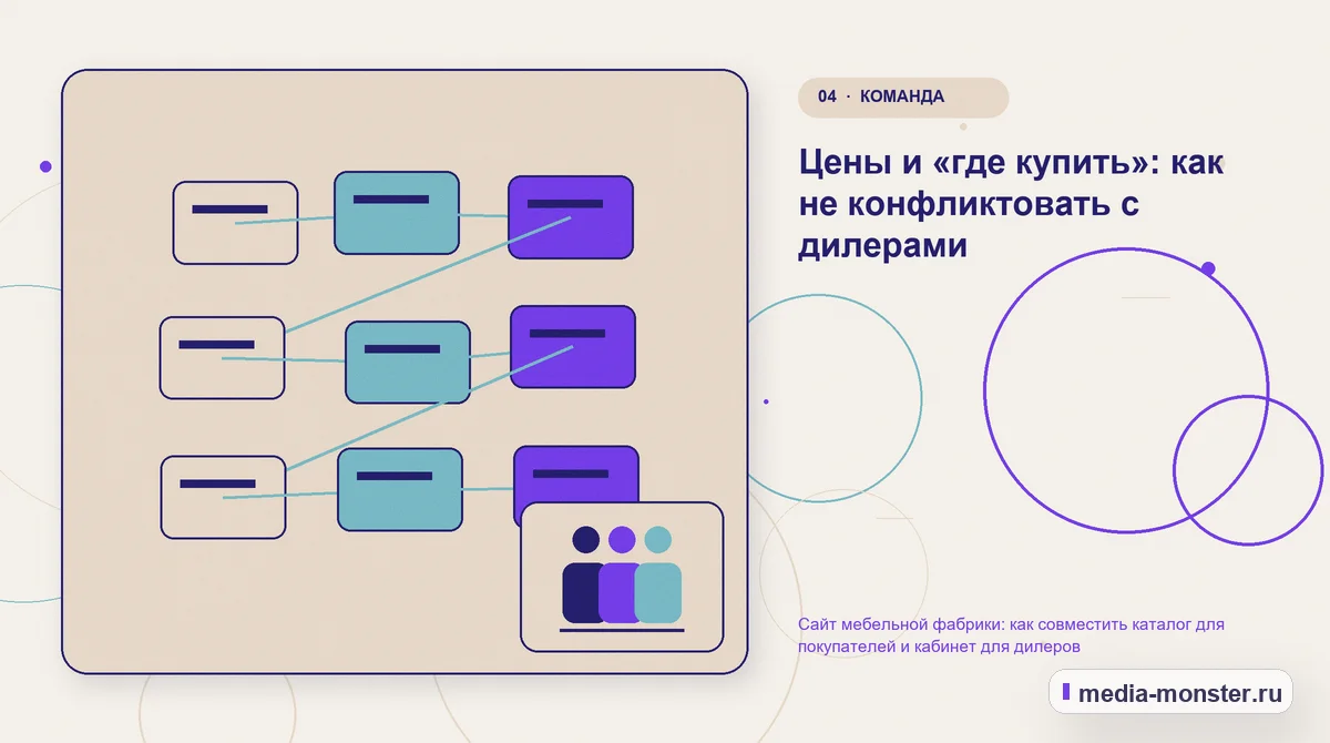 Структура решения. Цены и «где купить»: как не конфликтовать с дилерами: иллюстрация к статье «Сайт мебельной фабрики: как совместить каталог для покупателей и кабинет для дилеров»