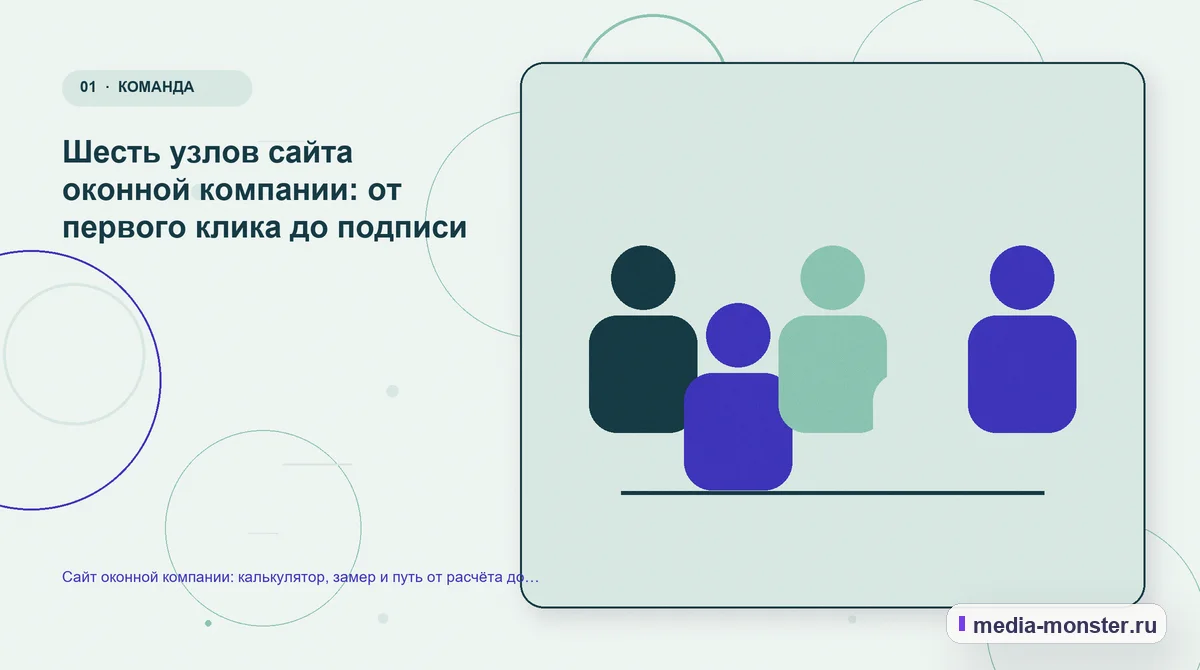 Изображение 1: Ключевая тема материала — Сайт оконной компании: калькулятор, замер и путь от расчёта до договора | Media Monster Ключевая тема материала. Шесть узлов сайта оконной компании: от первого клика до подписи: иллюстрация к статье «Сайт оконной компании: калькулятор, замер и путь от расчёта до договора»