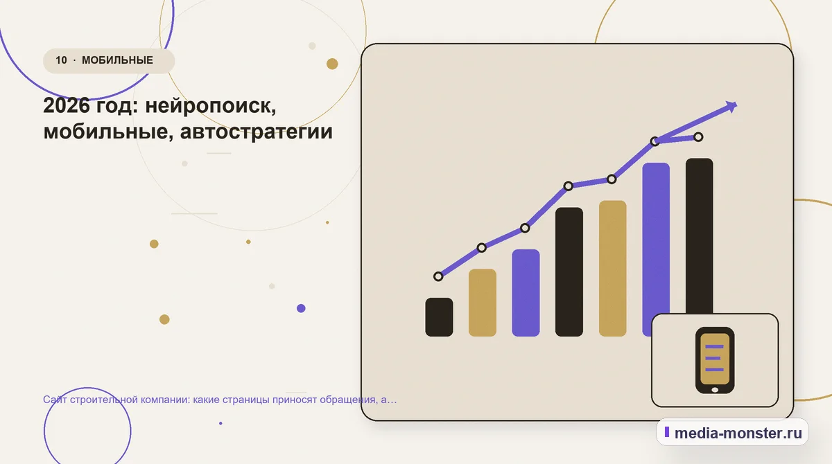 Изображение 10: Итог и следующий шаг — Сайт строительной компании: какие страницы приносят обращения, а какие только занимают место | Media Monster Итог и следующий шаг. 2026 год: нейропоиск, мобильные, автостратегии: иллюстрация к статье «Сайт строительной компании: какие страницы приносят обращения, а какие только занимают место»