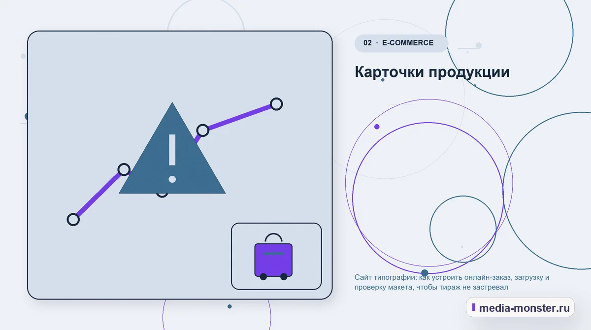 Проблема и точка потери. Карточки продукции: иллюстрация к статье «Сайт типографии: как устроить онлайн-заказ, загрузку и проверку макета, чтобы тираж не застревал»