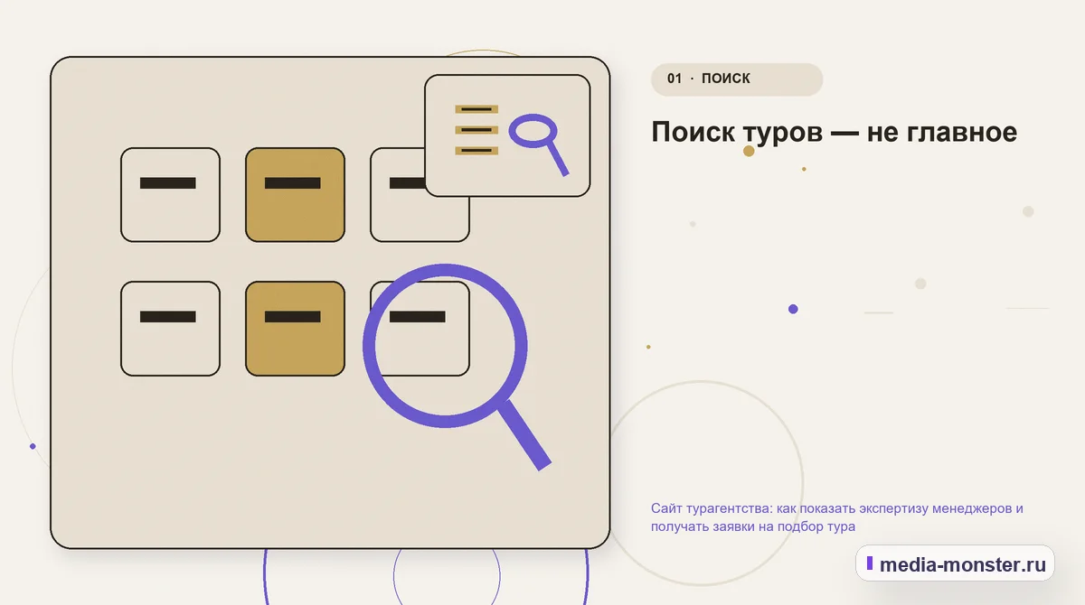 Ключевая тема материала. Поиск туров — не главное: иллюстрация к статье «Сайт турагентства: как показать экспертизу менеджеров и получать заявки на подбор тура»