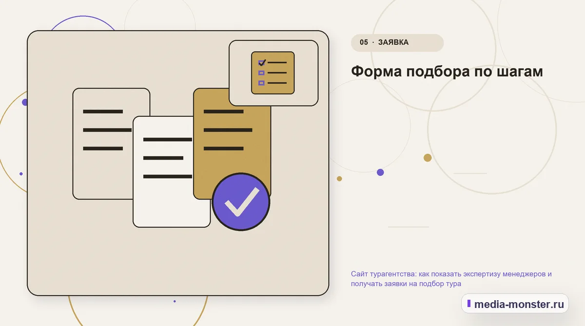 Данные и доказательства. Форма подбора по шагам: иллюстрация к статье «Сайт турагентства: как показать экспертизу менеджеров и получать заявки на подбор тура»
