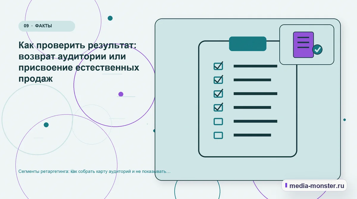 Изображение 9: Контрольные показатели — Сегменты ретаргетинга: как собрать карту аудиторий и не показывать всем одно | Media Monster Контрольные показатели. Как проверить результат: возврат аудитории или присвоение естественных продаж: иллюстрация к статье «Сегменты ретаргетинга: как собрать карту аудиторий и не…