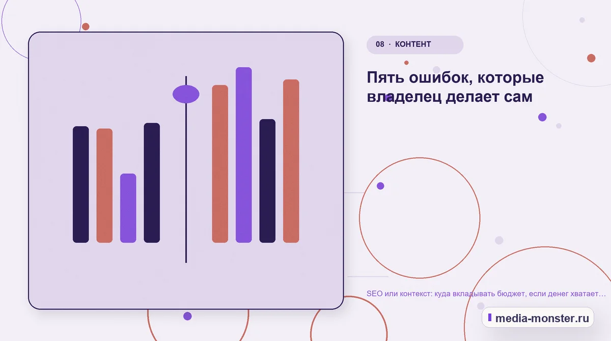 Изображение 8: Сравнение вариантов — SEO или контекст: куда вкладывать бюджет, если денег хватает только на одно направление | Media Monster Сравнение вариантов. Пять ошибок, которые владелец делает сам: иллюстрация к статье «SEO или контекст: куда вкладывать бюджет, если денег хватает только на одно направление»