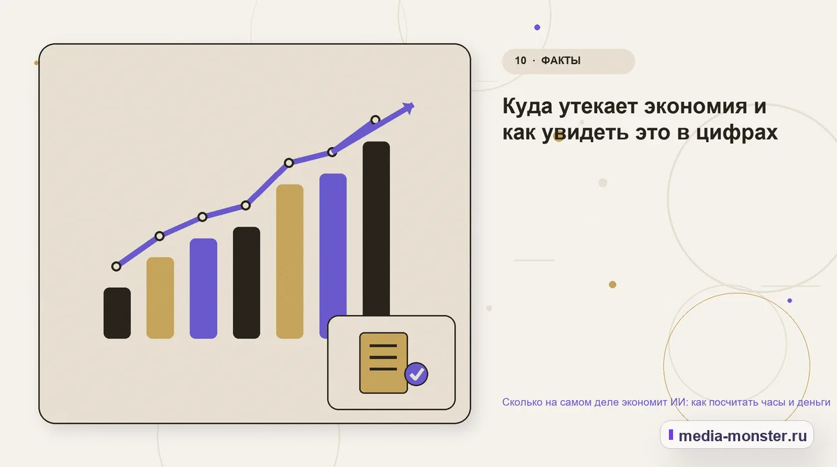Изображение 10: Итог и следующий шаг — Сколько на самом деле экономит ИИ: как посчитать часы и деньги | Media Monster Итог и следующий шаг. Куда утекает экономия и как увидеть это в цифрах: иллюстрация к статье «Сколько на самом деле экономит ИИ: как посчитать часы и деньги»
