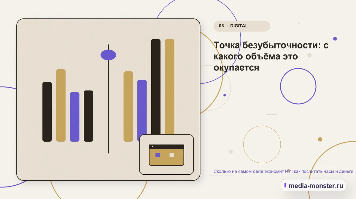 Изображение 8: Сравнение вариантов — Сколько на самом деле экономит ИИ: как посчитать часы и деньги | Media Monster Сравнение вариантов. Точка безубыточности: с какого объёма это окупается: иллюстрация к статье «Сколько на самом деле экономит ИИ: как посчитать часы и деньги»