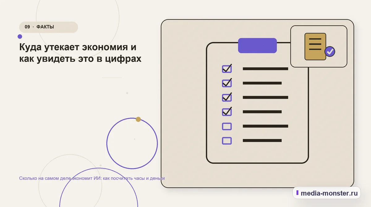 Изображение 9: Контрольные показатели — Сколько на самом деле экономит ИИ: как посчитать часы и деньги | Media Monster Контрольные показатели. Куда утекает экономия и как увидеть это в цифрах: иллюстрация к статье «Сколько на самом деле экономит ИИ: как посчитать часы и деньги»