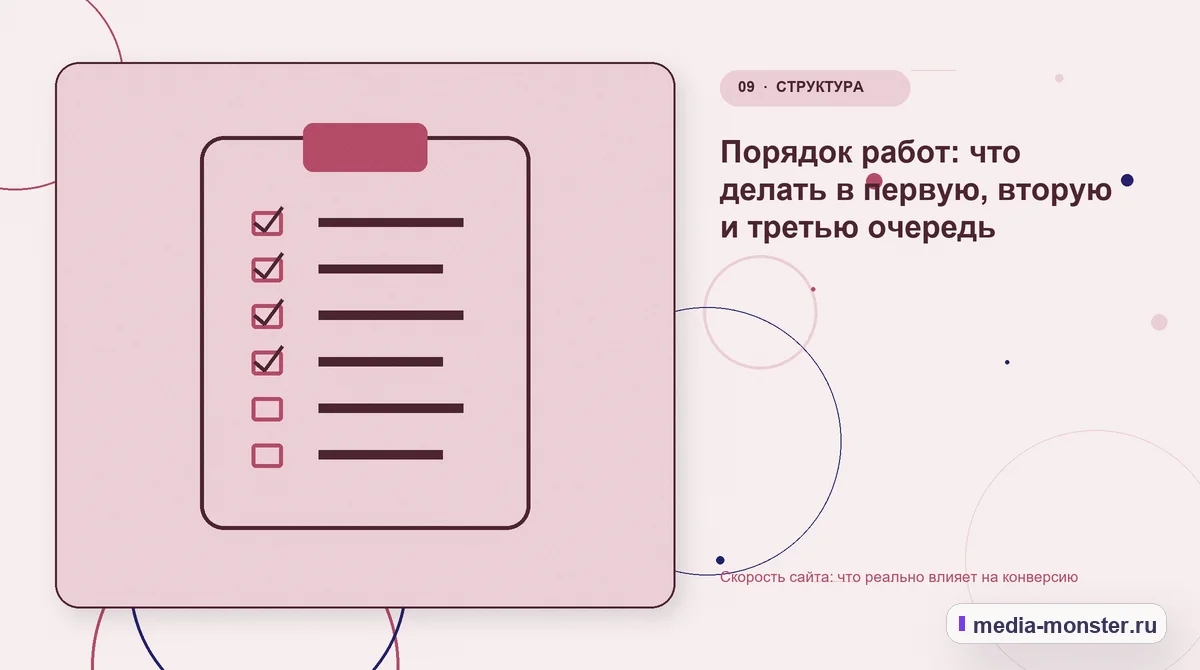 Контрольные показатели. Порядок работ: что делать в первую, вторую и третью очередь: иллюстрация к статье «Скорость сайта: что реально влияет на конверсию»
