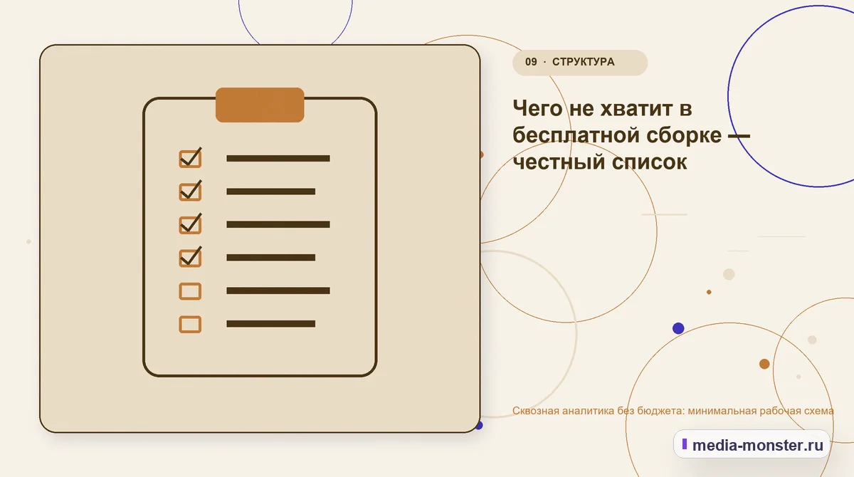 Контрольные показатели. Чего не хватит в бесплатной сборке — честный список: иллюстрация к статье «Сквозная аналитика без бюджета: минимальная рабочая схема»