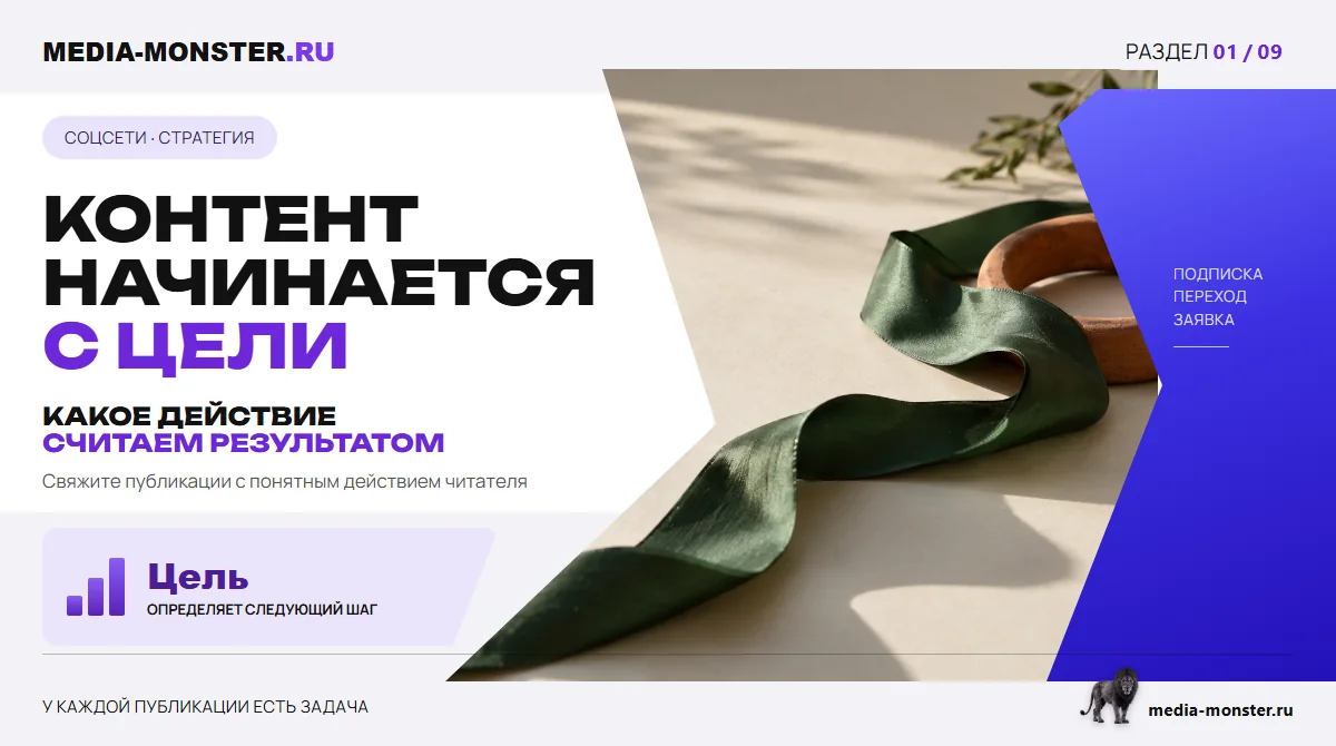 Изображение 1: Контент начинается с цели — иллюстрация к статье «SMM-стратегия из 6 блоков: цели, аудитория, тон, рубрики, частота, метрики» | Media Monster Контент начинается с цели — иллюстрация к статье «SMM-стратегия из 6 блоков: цели, аудитория, тон, рубрики, частота, метрики»