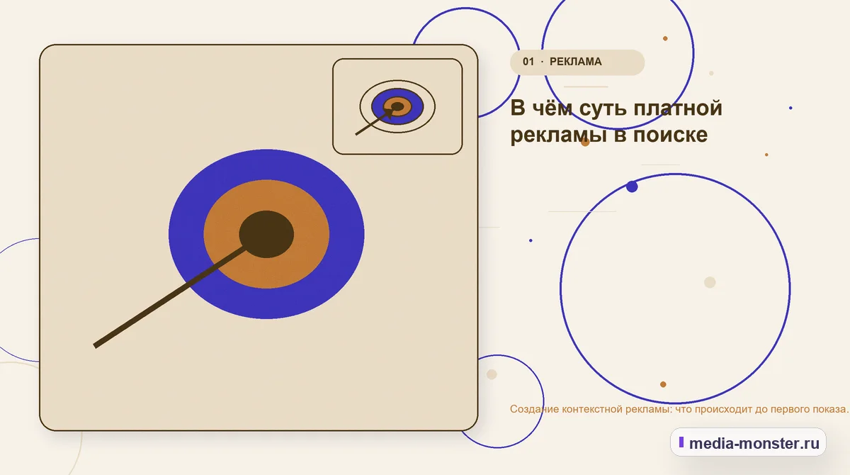 Ключевая тема материала. В чём суть платной рекламы в поиске: иллюстрация к статье «Создание контекстной рекламы: что происходит до первого показа объявления»