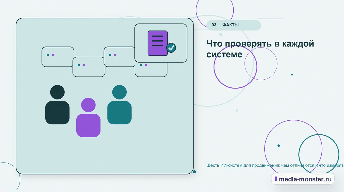 Аудитория и сценарий выбора. Что проверять в каждой системе: иллюстрация к статье «Шесть ИИ-систем для продвижения: чем отличаются и что измерять бизнесу»