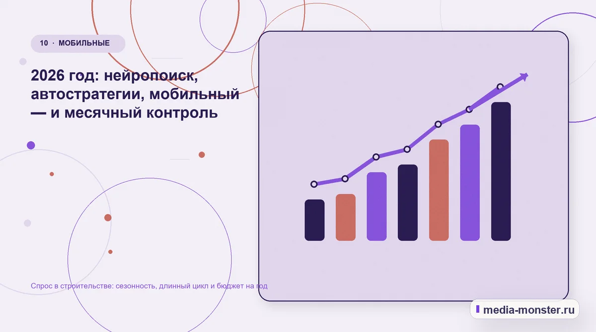 Итог и следующий шаг. 2026 год: нейропоиск, автостратегии, мобильный — и месячный контроль: иллюстрация к статье «Спрос в строительстве: сезонность, длинный цикл и бюджет на год»