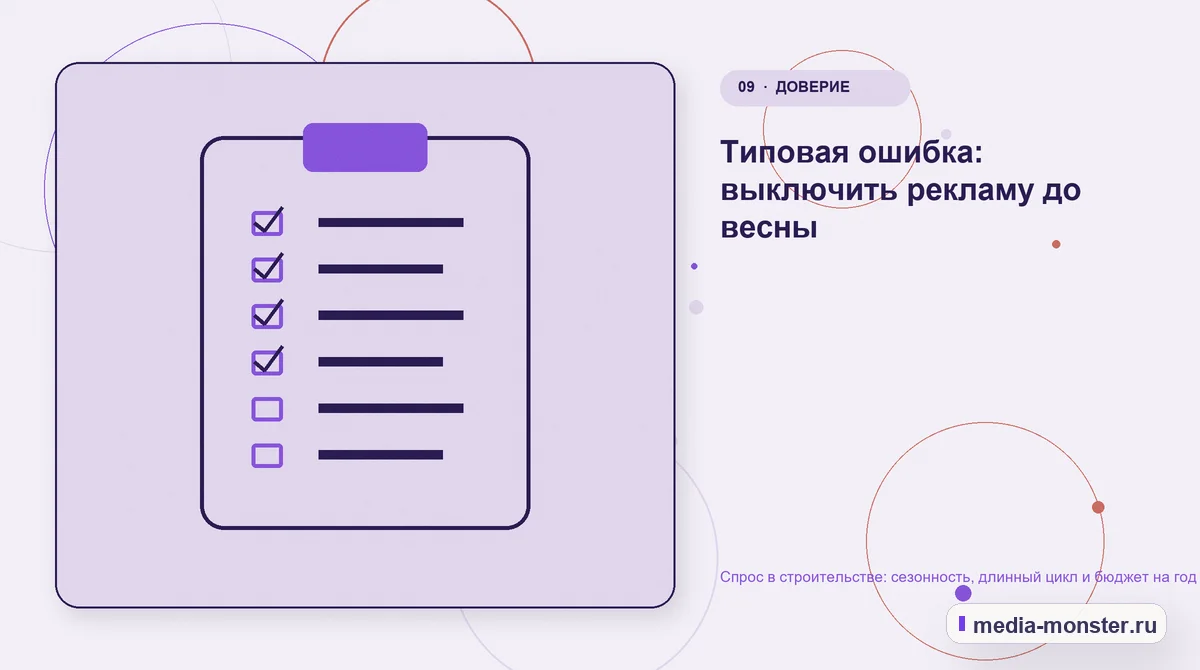 Контрольные показатели. Типовая ошибка: выключить рекламу до весны: иллюстрация к статье «Спрос в строительстве: сезонность, длинный цикл и бюджет на год»
