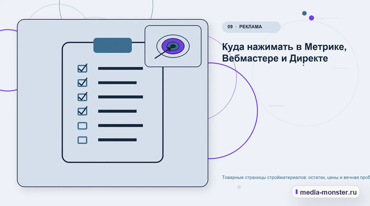 Контрольные показатели. Куда нажимать в Метрике, Вебмастере и Директе: иллюстрация к статье «Товарные страницы стройматериалов: остатки, цены и вечная проблема наличия»