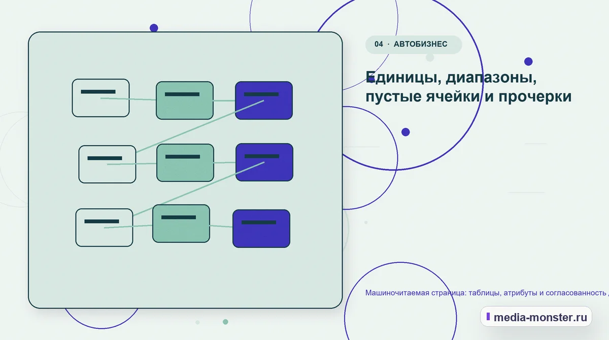 Машиночитаемая страница: таблицы, атрибуты и согласованность данных — иллюстрация к разделу «Единицы, диапазоны, пустые ячейки и прочерки»