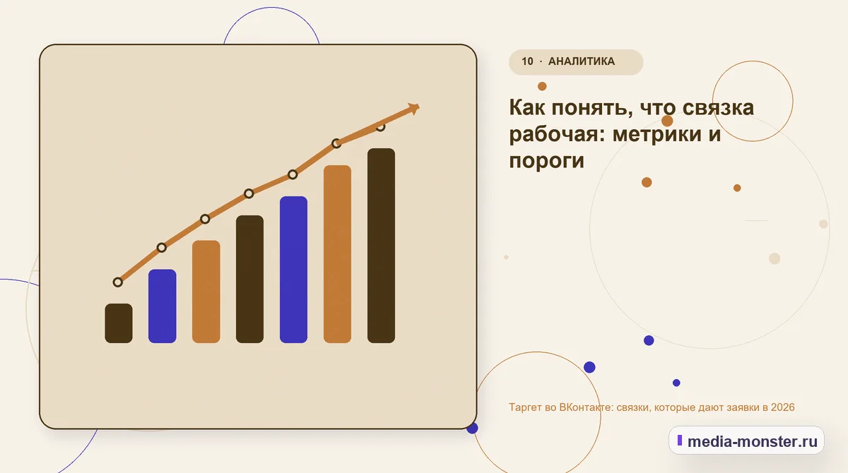 Изображение 10: Итог и следующий шаг — Таргет во ВКонтакте: связки, которые дают заявки в 2026 | Media Monster Итог и следующий шаг. Как понять, что связка рабочая: метрики и пороги: иллюстрация к статье «Таргет во ВКонтакте: связки, которые дают заявки в 2026»