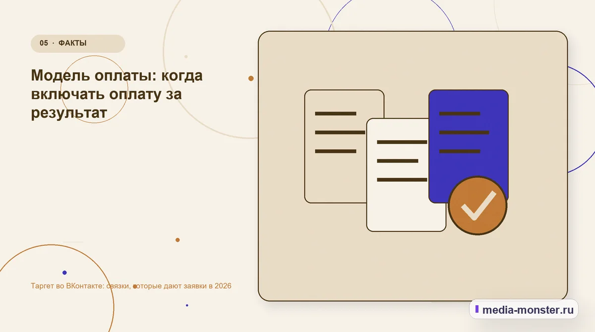 Изображение 5: Данные и доказательства — Таргет во ВКонтакте: связки, которые дают заявки в 2026 | Media Monster Данные и доказательства. Модель оплаты: когда включать оплату за результат: иллюстрация к статье «Таргет во ВКонтакте: связки, которые дают заявки в 2026»