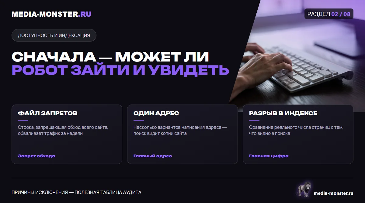 Изображение 2: Сначала — может ли робот зайти и увидеть — иллюстрация к статье «Технический аудит сайта: 30 проверок, которые делаются до любых работ» | Media Monster Сначала — может ли робот зайти и увидеть — иллюстрация к статье «Технический аудит сайта: 30 проверок, которые делаются до любых работ»
