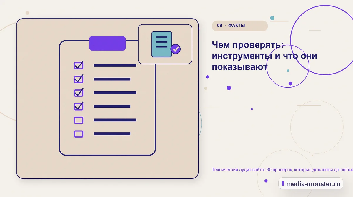 Изображение 9: Контрольные показатели — Технический аудит сайта: 30 проверок, которые делаются до любых работ | Media Monster Контрольные показатели. Чем проверять: инструменты и что они показывают: иллюстрация к статье «Технический аудит сайта: 30 проверок, которые делаются до любых работ»