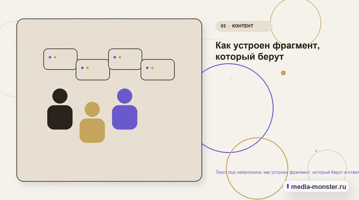Изображение 3: Аудитория и сценарий выбора — Текст под нейропоиск: как устроен фрагмент, который берут в ответ | Media Monster Аудитория и сценарий выбора. Как устроен фрагмент, который берут: иллюстрация к статье «Текст под нейропоиск: как устроен фрагмент, который берут в ответ»