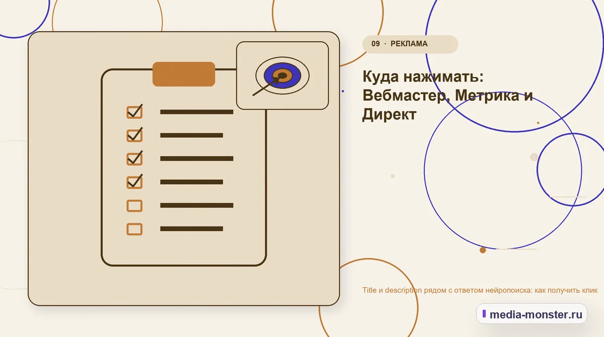 Изображение 9: Контрольные показатели — Title и description рядом с ответом нейропоиска: как получить клик | Media Monster Контрольные показатели. Куда нажимать: Вебмастер, Метрика и Директ: иллюстрация к статье «Title и description рядом с ответом нейропоиска: как получить клик»