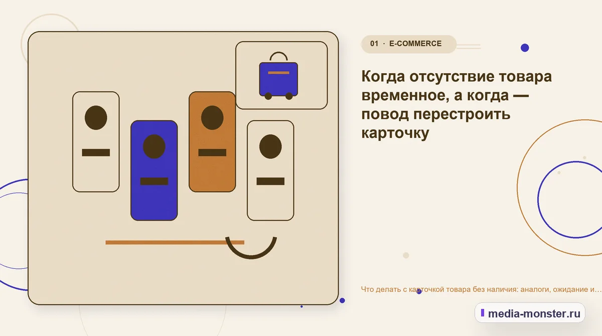 Изображение 1: Ключевая тема материала — Что делать с карточкой товара без наличия: аналоги, ожидание и сохранение поискового спроса | Media Monster Ключевая тема материала. Когда отсутствие товара временное, а когда — повод перестроить карточку: иллюстрация к статье «Что делать с карточкой товара без наличия: аналоги, ожидание и…