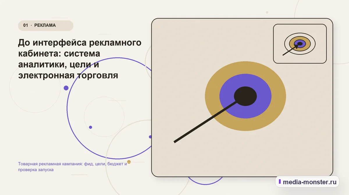 Изображение 1: Ключевая тема материала — Товарная рекламная кампания: фид, цели, бюджет и проверка запуска | Media Monster Ключевая тема материала. До интерфейса рекламного кабинета: система аналитики, цели и электронная торговля: иллюстрация к статье «Товарная рекламная кампания: фид, цели, бюджет и проверка…