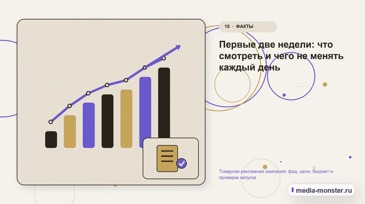 Изображение 10: Итог и следующий шаг — Товарная рекламная кампания: фид, цели, бюджет и проверка запуска | Media Monster Итог и следующий шаг. Первые две недели: что смотреть и чего не менять каждый день: иллюстрация к статье «Товарная рекламная кампания: фид, цели, бюджет и проверка запуска»
