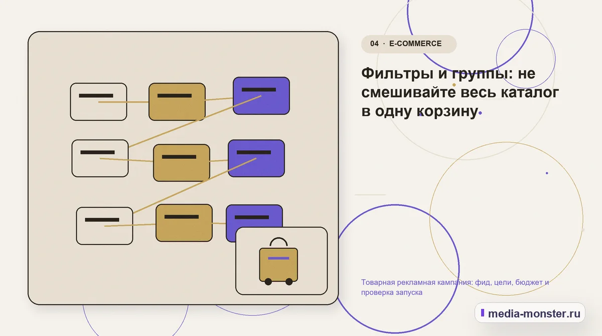 Изображение 4: Структура решения — Товарная рекламная кампания: фид, цели, бюджет и проверка запуска | Media Monster Структура решения. Фильтры и группы: не смешивайте весь каталог в одну корзину: иллюстрация к статье «Товарная рекламная кампания: фид, цели, бюджет и проверка запуска»