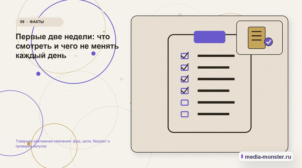 Изображение 9: Контрольные показатели — Товарная рекламная кампания: фид, цели, бюджет и проверка запуска | Media Monster Контрольные показатели. Первые две недели: что смотреть и чего не менять каждый день: иллюстрация к статье «Товарная рекламная кампания: фид, цели, бюджет и проверка запуска»