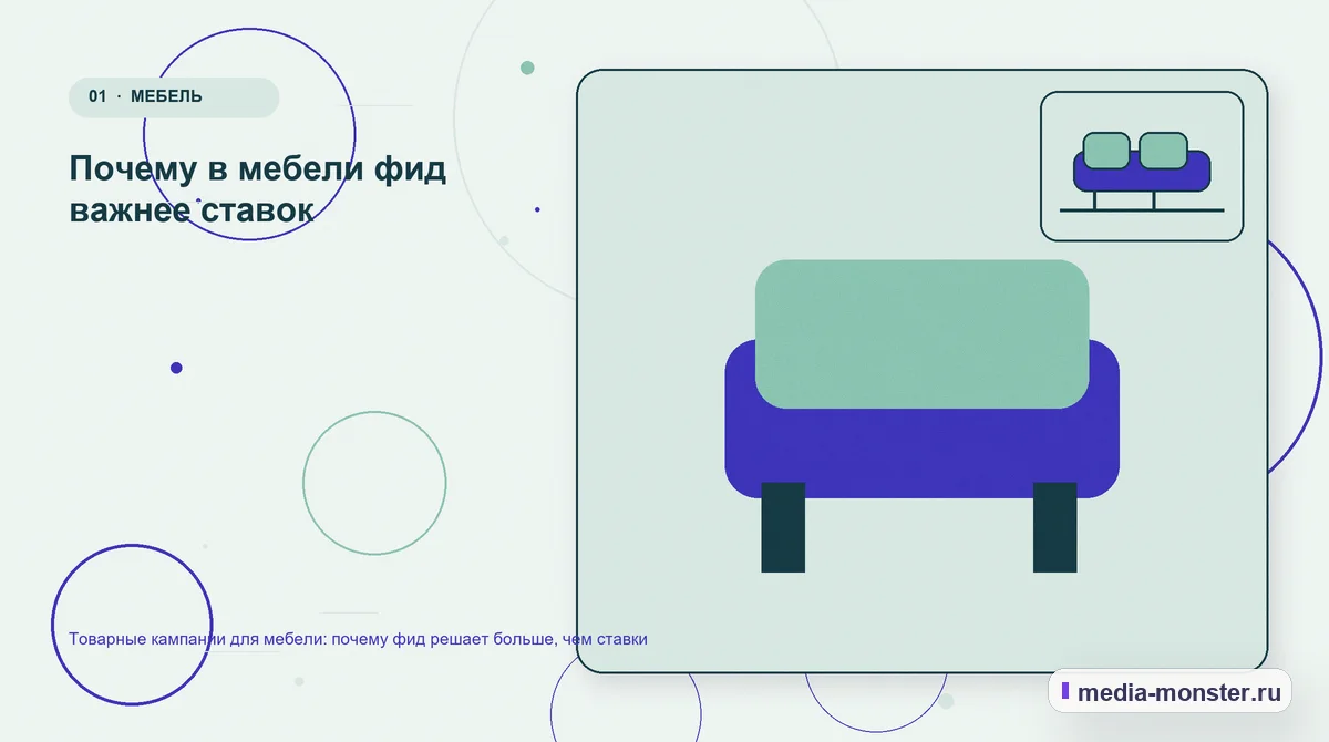 Изображение 1: Ключевая тема материала — Товарные кампании для мебели: почему фид решает больше, чем ставки | Media Monster Ключевая тема материала. Почему в мебели фид важнее ставок: иллюстрация к статье «Товарные кампании для мебели: почему фид решает больше, чем ставки»