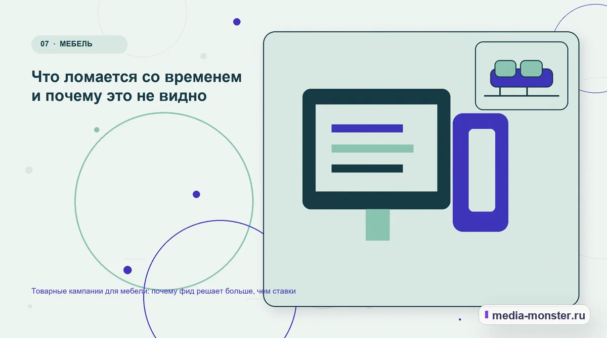 Каналы и точки контакта. Что ломается со временем и почему это не видно: иллюстрация к статье «Товарные кампании для мебели: почему фид решает больше, чем ставки»