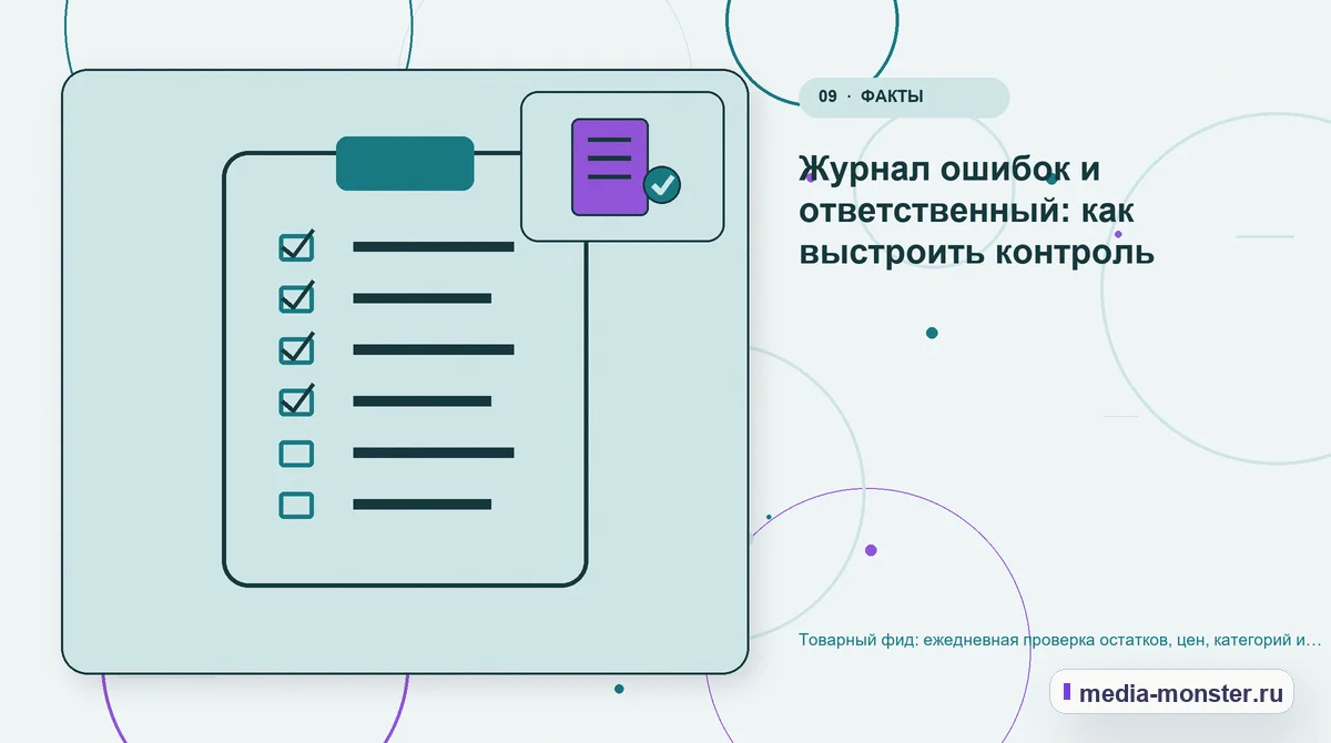 Контрольные показатели. Журнал ошибок и ответственный: как выстроить контроль: иллюстрация к статье «Товарный фид: ежедневная проверка остатков, цен, категорий и посадочных страниц»
