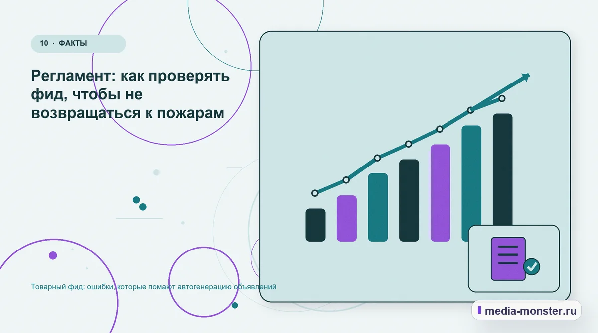 Итог и следующий шаг. Регламент: как проверять фид, чтобы не возвращаться к пожарам: иллюстрация к статье «Товарный фид: ошибки, которые ломают автогенерацию объявлений»