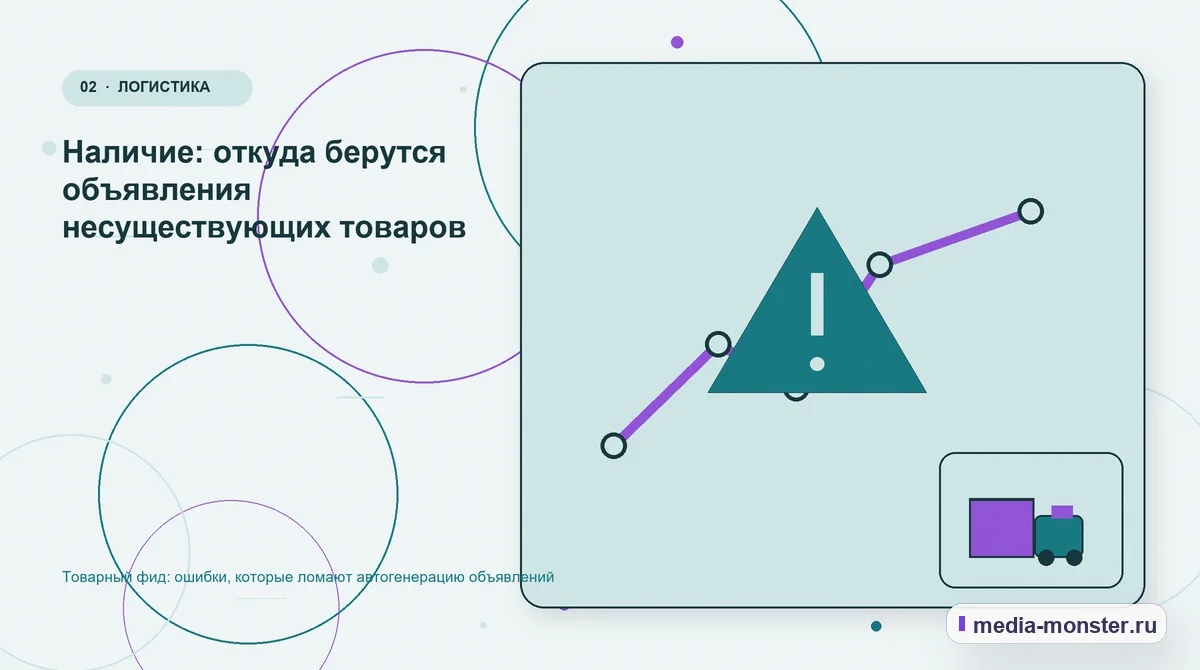Изображение 2: Проблема и точка потери — Товарный фид: ошибки, которые ломают автогенерацию объявлений | Media Monster Проблема и точка потери. Наличие: откуда берутся объявления несуществующих товаров: иллюстрация к статье «Товарный фид: ошибки, которые ломают автогенерацию объявлений»