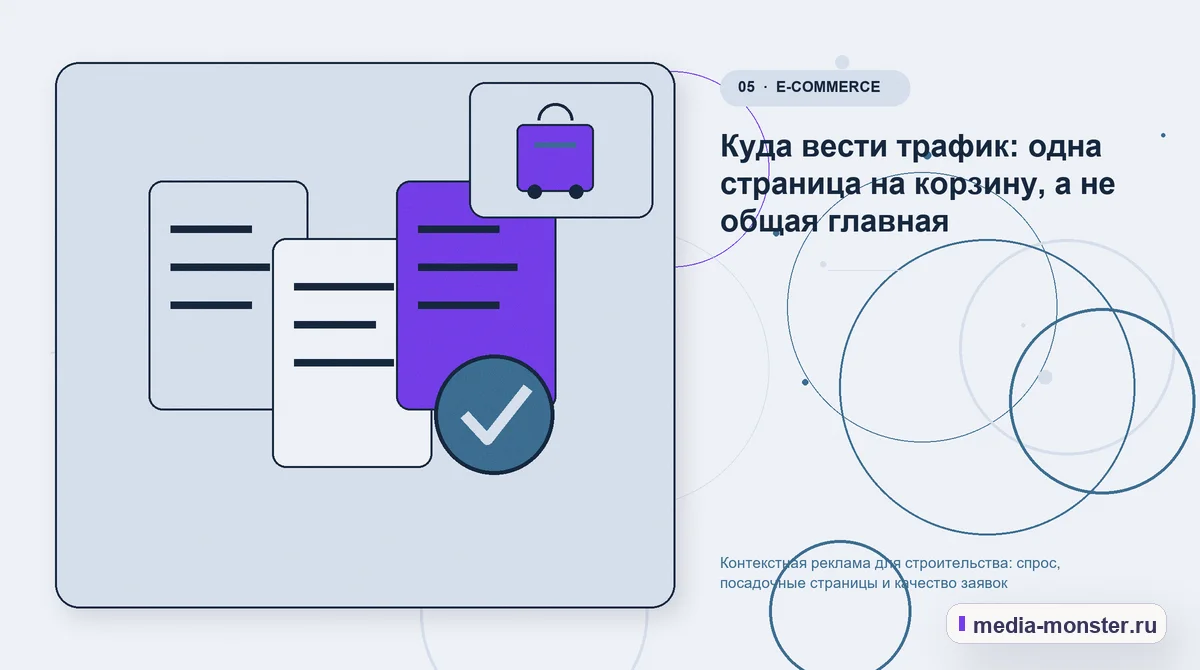 Изображение 5: Данные и доказательства — Контекстная реклама для строительства: спрос, посадочные страницы и качество заявок | Media Monster Данные и доказательства. Куда вести трафик: одна страница на корзину, а не общая главная: иллюстрация к статье «Контекстная реклама для строительства: спрос, посадочные страницы и качество…